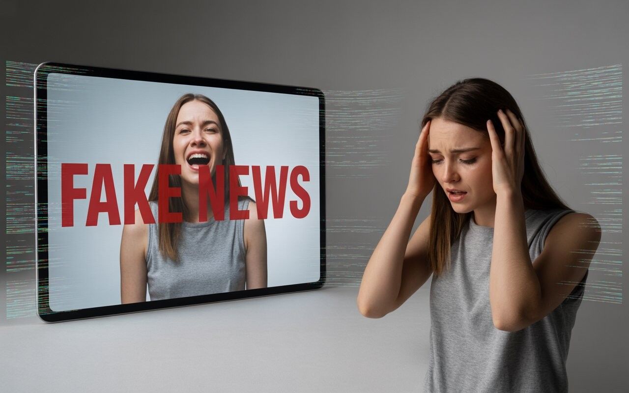 אישה מחזיקה את ראשה במצוקה מול מסך שמציג את דמותה עם הכיתוב "FAKE NEWS" — בהקשר לפגיעות אישיות מהפצת תוכן שקרי ברשת.