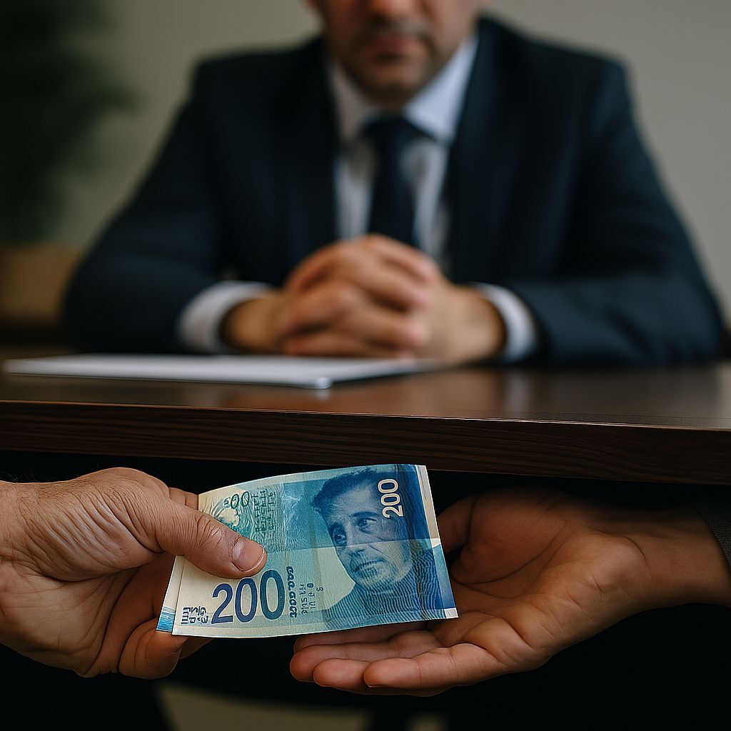 איש ציבור יושב ליד שולחן ומתחת לשולחן ידיים מעבירות שוחד שטר כסף