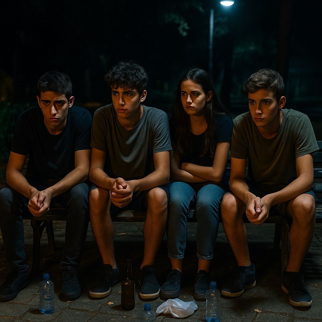 ארבעה בני נוער יושבים עם פרצוף מודאג לאחר שנתפסו מבצעים עבירה